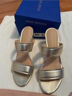 Stuart Weitzman Metallic Gold Double-Strap Block Heel Sandals